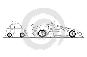 Cartoon of Two Men or Businessmen, One With Expensive Sport Car, Another With Cheap and Small Car