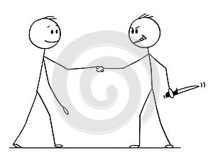 Cartoon of Two Men or Businessmen or Politicians Handshaking, One With Knife in Hand