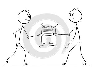 Cartoon of Two Men or Businessmen Who Are Holding an Agreement Together