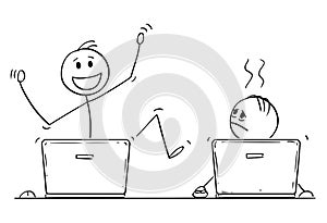 Cartoon of Two Men or Businessmen Working on Laptop Computers. First One is Celebrating Success, Second One is Depressed