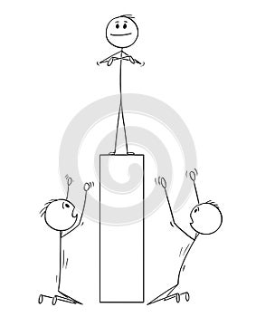 Cartoon of Two Men or Businessmen Worshiping Man on Pedestal