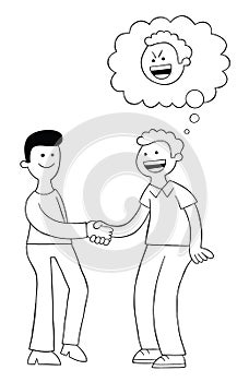 Cartoon two men shake hands and look happy but one of them is malicious, vector illustration