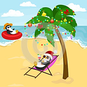 Cartoon two penguins resting on holiday on beach