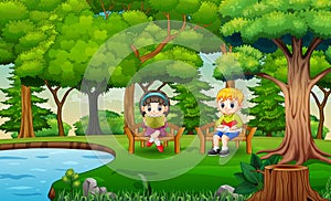 Cartoon two smart kids reading a book on a chair near the pool