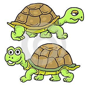 Cartoon two tortoise slowly walking, happy and sad