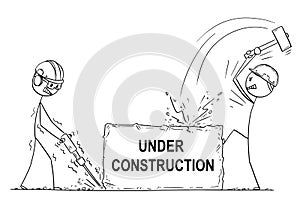 Cartoon of Two Workmen or Labourers Working With Hammer and Drill on Rock or Stone With Under Construction Text