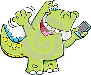 Cartoon Tyrannosaurus Rex taking a selfie on a cell phone.