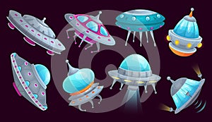 Cartoon ufo spaceship. Alien spacecraft futuristic vehicle, space invaders ship and flying saucer isolated vector set