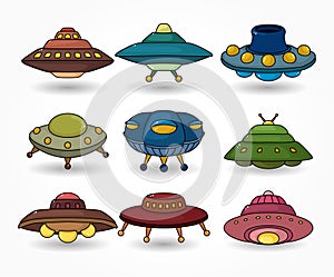 Cartoon ufo spaceship icon set