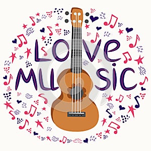 Cartoon ukulele with lettering text for summer, music poster template design