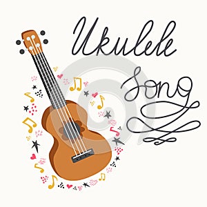 Cartoon ukulele with lettering text for summer, music poster template design