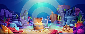 Cartoon underwater world with open pirate treasure chest