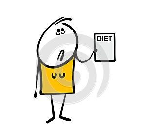 Cartoon unhappy exhausted woman holds and shows a piece of paper with the rules of a diet for weight loss. Vector