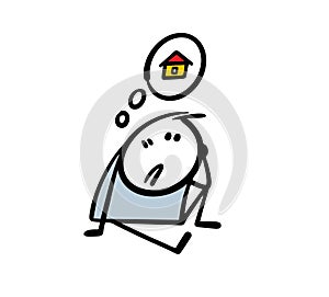 Cartoon unhappy homeless man sits on the ground and dreams of a home. Vector illustration of unemployed beggar stickman.