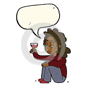 cartoon unhappy woman with glass of wine with speech bubble