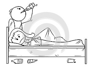 Cartoon of Unhappy Woman Trying to Sleep While Man is Drinking Alcohol in Bed