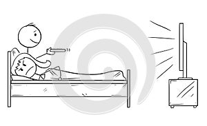 Cartoon of Unhappy Woman Trying to Sleep While Man in Watching TV or Television