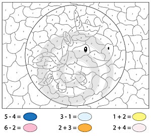 Cartoon unicorn. Addition and subtraction tasks. Color by number