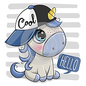 Cartoon Unicorn with a blue cap on striped background