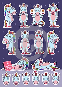 Cartoon Unicorn Character. Emoticon Stickers