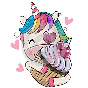 Cartoon Unicorn with Cupcake on a white background