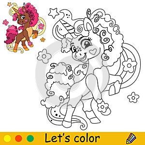 Cartoon unicorn with flowers kids coloring book page vector