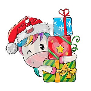 Cartoon Unicorn with gifts in a Santa hat