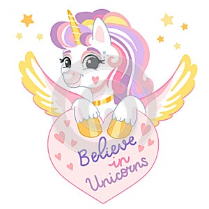 Cartoon unicorn holding heart vector illustration