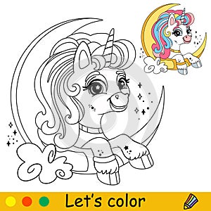 Cartoon unicorn on the moon kids coloring book page vector