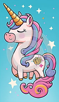 a cartoon unicorn with a pink mane and a blue background.