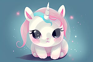A cartoon unicorn with a pink mane and blue eyes sits on a blue background with stars. AI generation photo