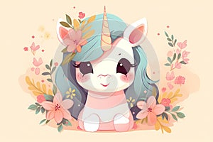 A cartoon unicorn with a pink mane and flowers on the bottom. AI generation photo