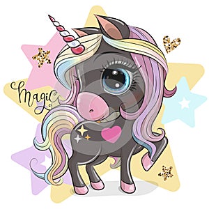 Cartoon Unicorn with a rainbow mane on a stars background