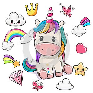 Cartoon Unicorn and set of cute design elements