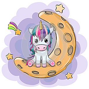 Cartoon Unicorn is sitting on the moon