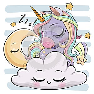 Cartoon Unicorn is sleeping a on the Cloud