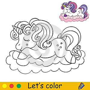 Cartoon unicorn slipping on a cloud coloring