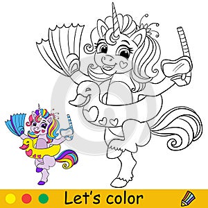 Cartoon unicorn with swimming circle duck coloring book page vector