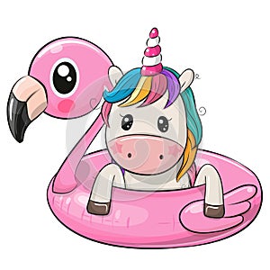 Cartoon Unicorn swimming on pool ring inflatable flamingo