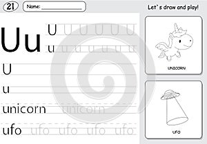 Cartoon unicorn and ufo. Alphabet tracing worksheet: writing A-Z and educational game for kids