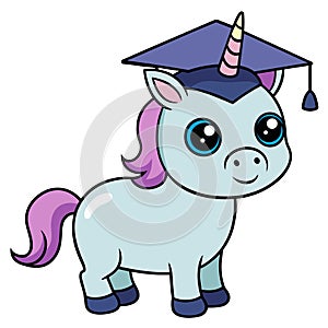 A cartoon unicorn is wearing a graduation cap and smiling