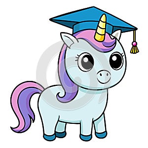 A cartoon unicorn is wearing a graduation cap and smiling