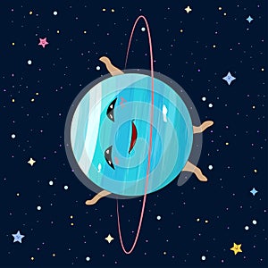 Cartoon Uranus planet on space background, vector illustration