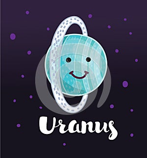 Cartoon Uranus planet, vector character, Solar system.