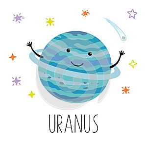 Cartoon Uranus planet. Vector illustration isolated on white background. Cute print for baby products.