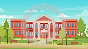 Cartoon urban cityscape with college campus facade or academy for students, entrance to library, high school or