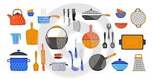 Cartoon utensil. Hand drawn cookery and kitchen equipment, doodle kitchenware and cutlery. Vector cooking devices