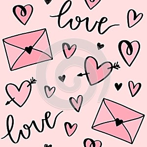 Cartoon Valentine`s day vector pattern with hand drawn hearts, love letters, envelopes and words love. Design for gift wrap, stati