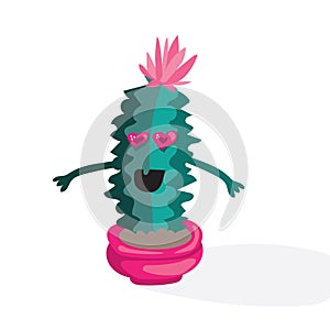 Cartoon valentines day romantic illustration with bloomin cactus in love. Holiday flat vector design, on white background.