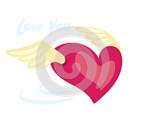 Cartoon valentines day romantic illustration . Red flying heart with wings.